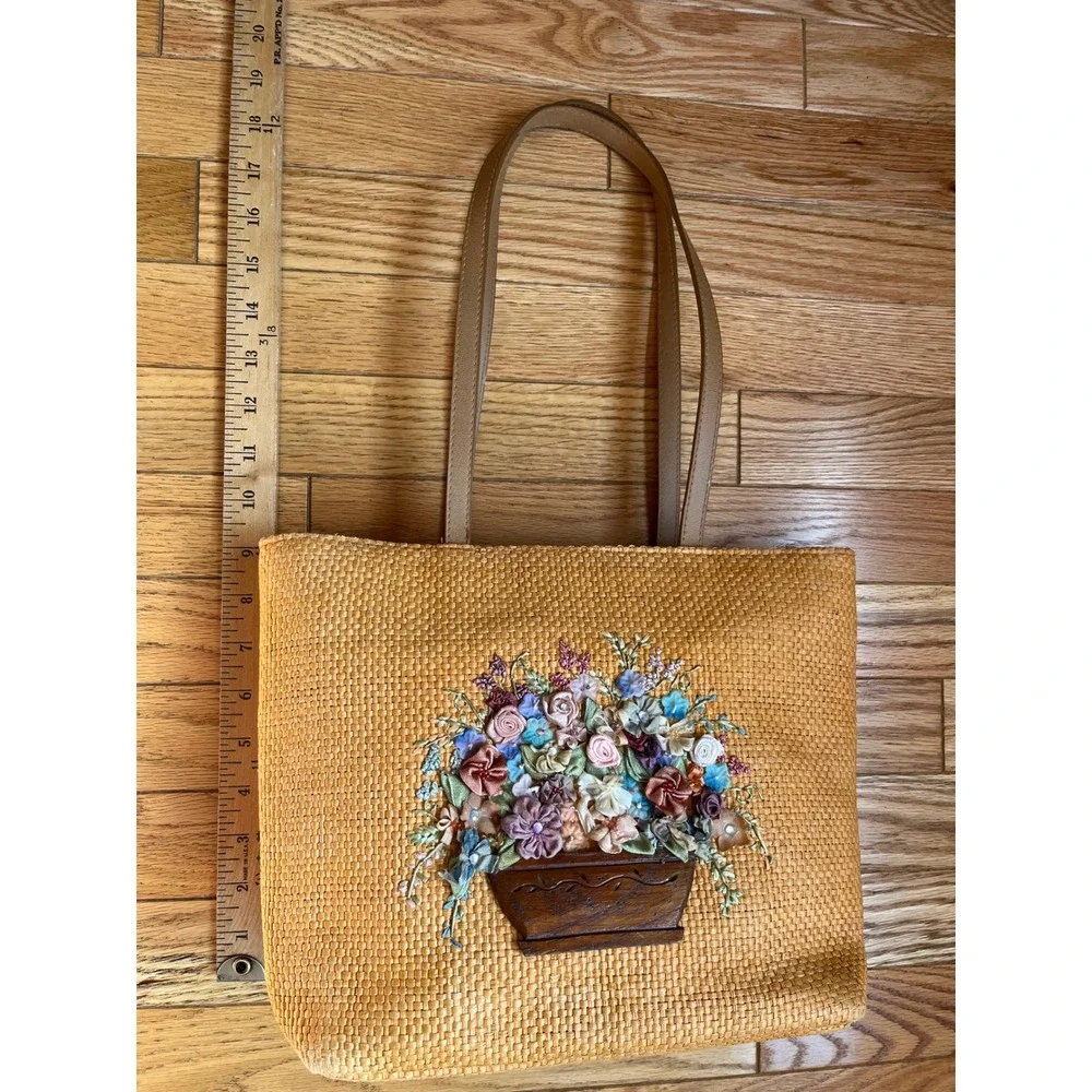 Cappelli Straworld Woven Straw Tote Bag 3D Ribbon Floral Basket Tan Shoulder Bag